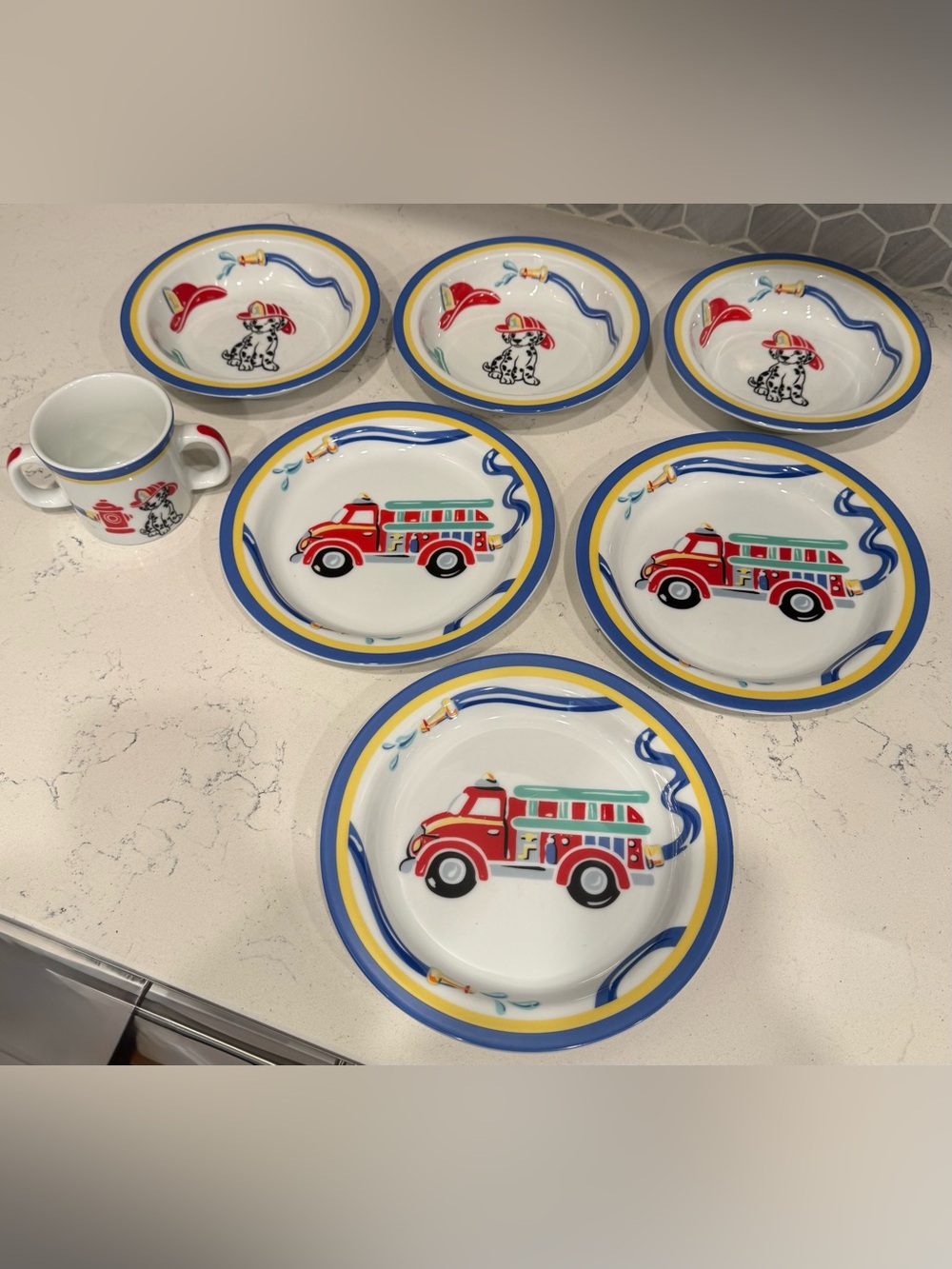 Tiffany & Co Fire Station 7 piece Childrens Dinnerware Set Plates Bowls Cup 2005